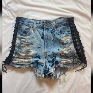 High Waist Distressed Denim Lace-Up Shorts